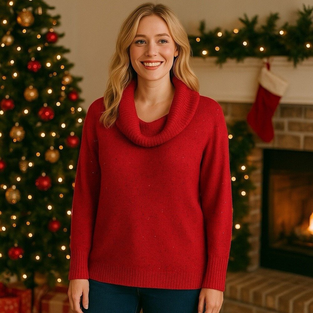 NEW Chico's Cowl Neck Sweater Sequin Knit Long‎ Sleeve Pullover Holiday Cozy L